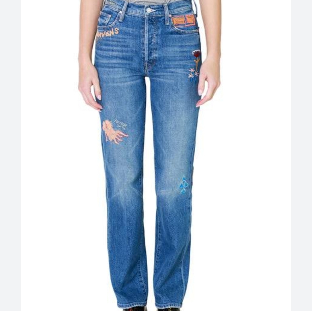MOTHER Women Jeans Straight Leg in Medium Blue with Multicolor Embroidery